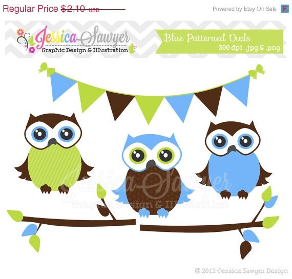 50% OFF - CLEARANCE - owl clip art, blue patterned owl clipart, bunting banner, branches for bottle caps, invitations, announcements INSTANT Il_570xn