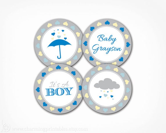 Rain Shower Baby Shower Cupcake Toppers - Baby Boy - PRINTABLE DIY Digital File - Baby Shower Party Circles - Rain Shower Collection Il_570xn
