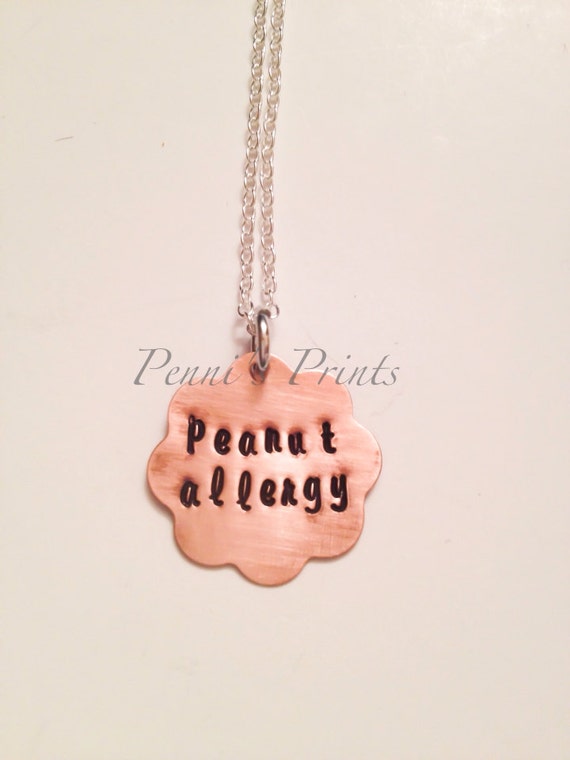 Adorable hand stamped Peanut Allergy on copper flower peanut