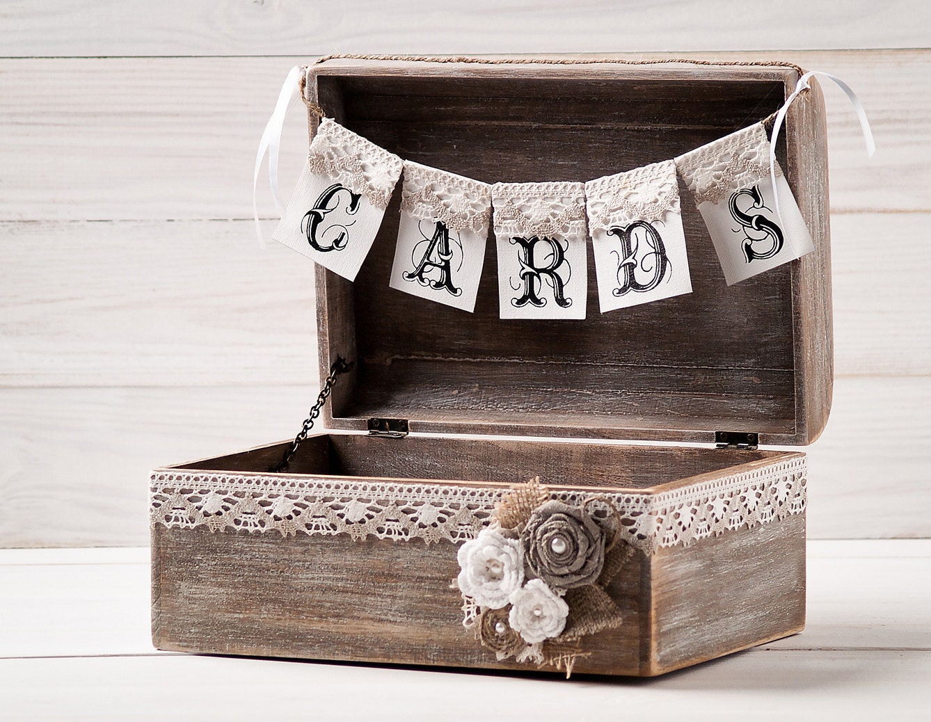Rustic Wedding Card Box Holder with Burlap and Lace Cards