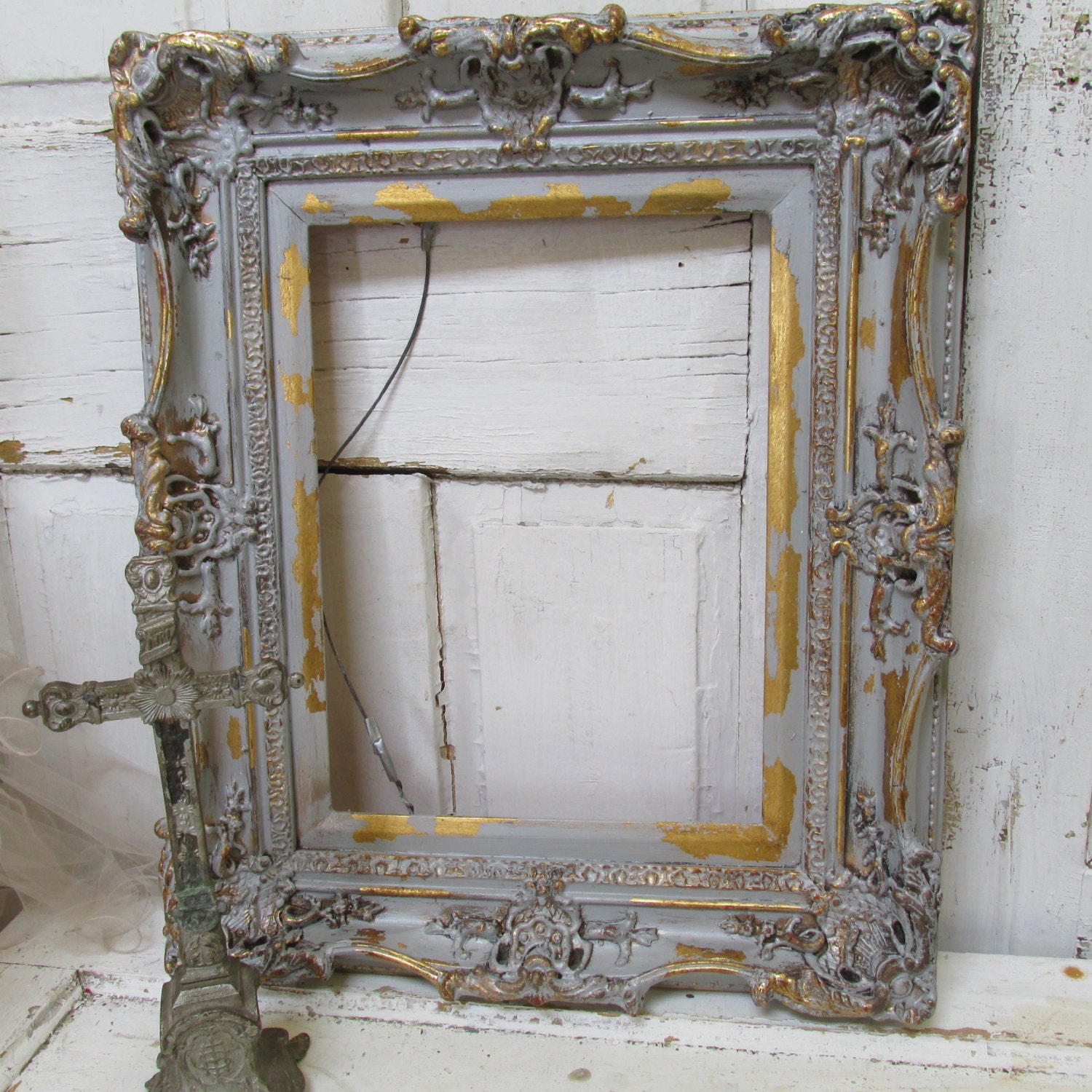 Large wood frame wall hanging gray silver French Nordic