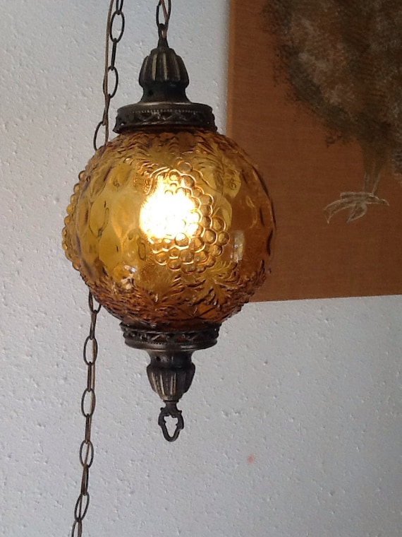 Vintage Amber Swag Light Large Hanging Lamp Gold Pendant Lamp 1995