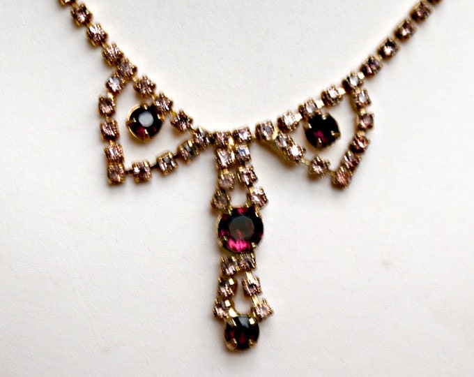 Purple Pink Rhinestone necklace - Princess length - vintage necklace