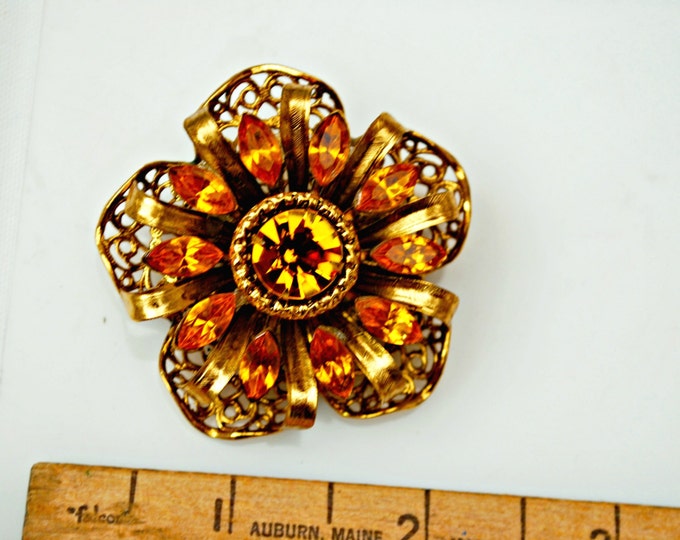 Rhinestone Flower Brooch - Amber Orange Crystal - Gold Filigree - Floral pin