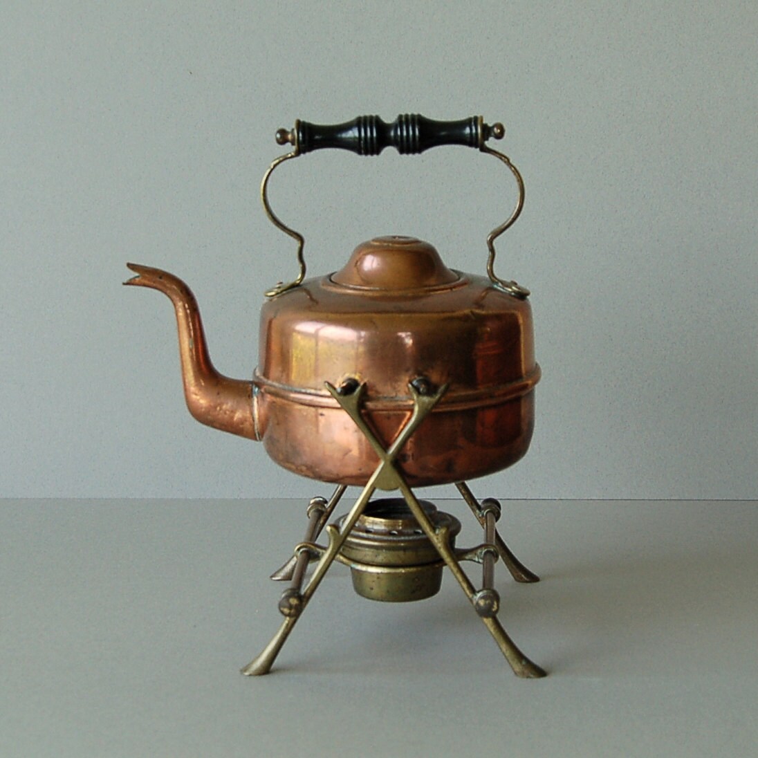 Vintage copper teapot spirit kettle and warmer on brass stand