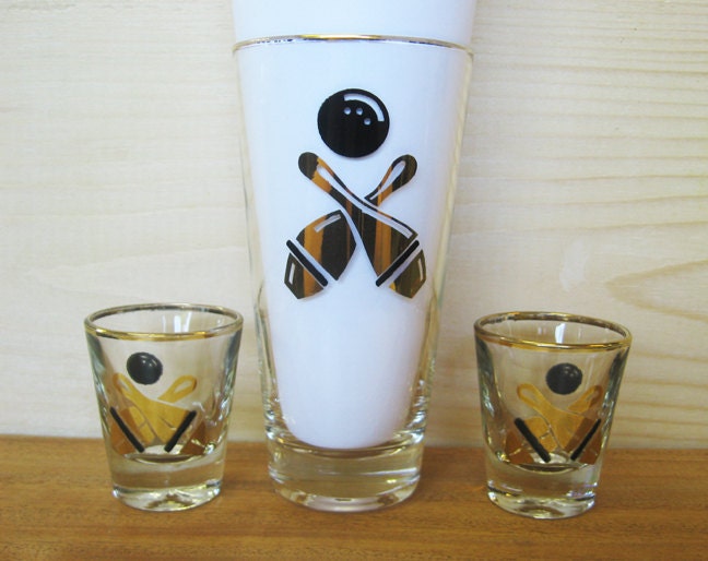 Vintage Drinking Glass and Shot Glasses Bowling Ball and Pins