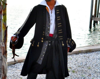 Men's Pirate Coat. Black Linen blend, fully lined.
