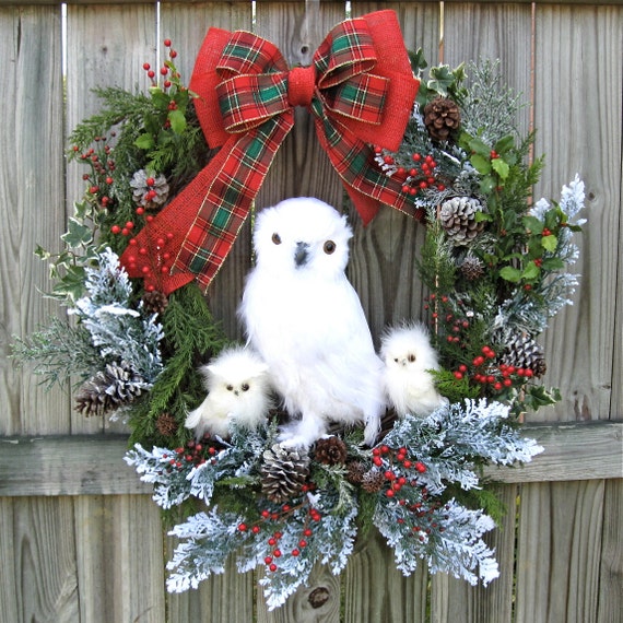 Huge Snow Owl Family Winter Christmas Wreath, White owl, Rustic, Cabin, Woodland, Burlap Bow, Holiday, XXXLarge, Owl Home decor, Door wreath