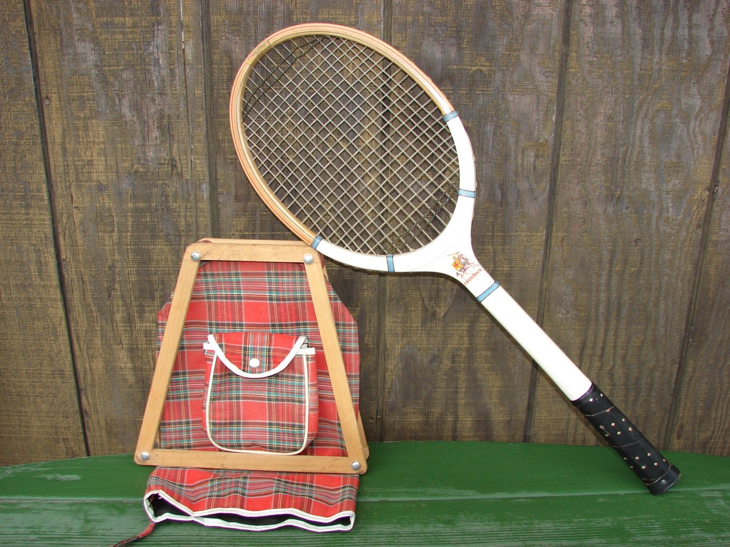 Bentley Wilson Wood Tennis Racquet Racket Press and Red Plaid