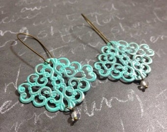 Teal Boho Scroll Filigree Earrings