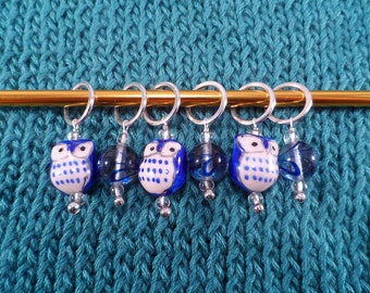 Blue Owl Stitch Markers set of 6