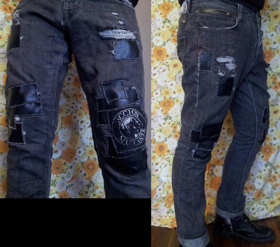crust punk hand sewn patch pants jeans punx diy 36 37 inch