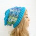 Hand Knitted Slouchy Hat, Slouch Beanie Cabled Hat, Blue Green White, Women's Slouchy Hat. Chunky Acrylic, Clickclackknits