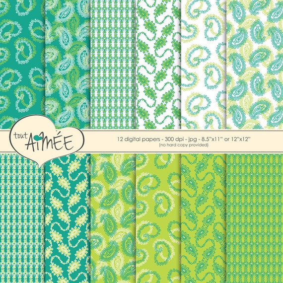 Digital Scrapbooking Paper Paisley Designs in Teal Lime