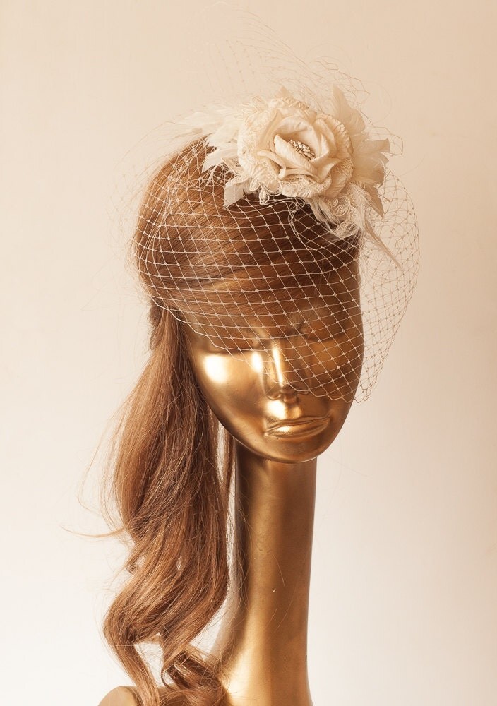 Ivory BIRDCAGE VEIL with Cream Flower Vintage Style Bridal