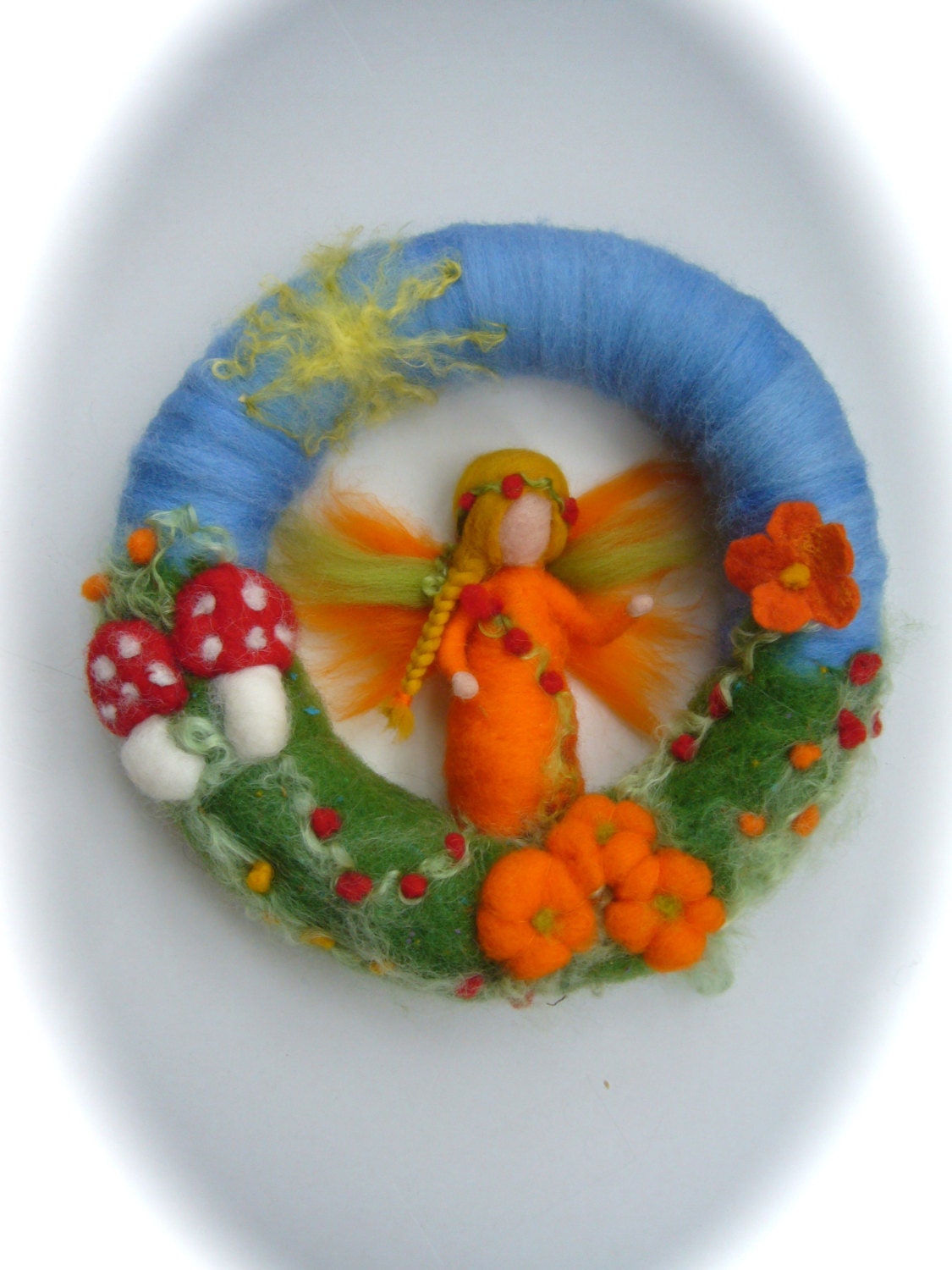 Pumpkin Fairy Wreath . Needle Felted. Waldorf.Wool.Autumn.