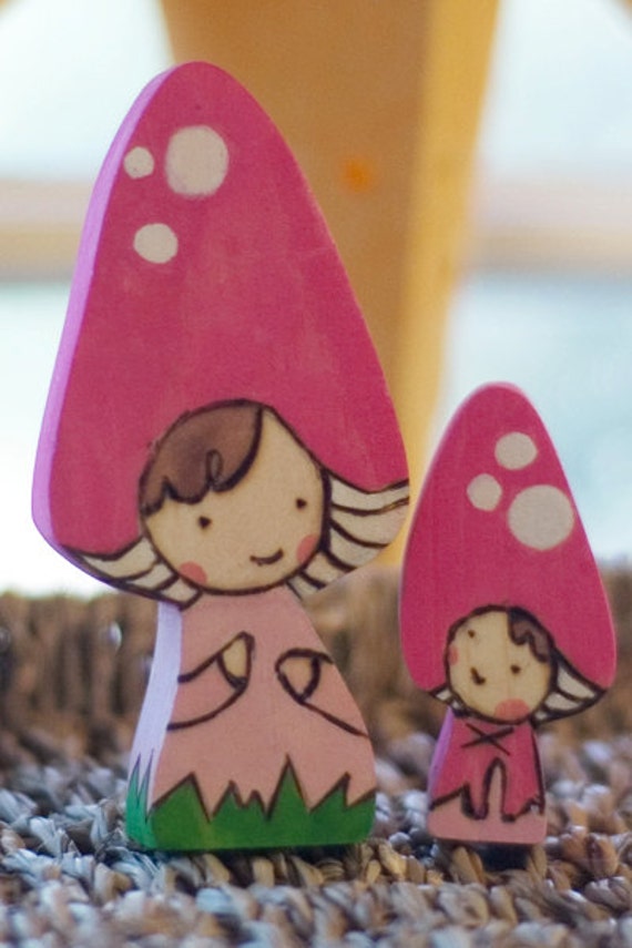 Ms. Pink Mushie and Baby, Waldorf-inspired all-natural wooden toy