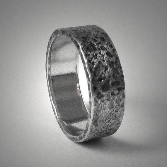 Rustic mens wedding band ring - unique hammered silver customized ...