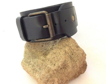 Beautifully Handcrafted Men's Black Leather Bracelet. Wide & Thick Leather. A Gift For Him. Special And Original.