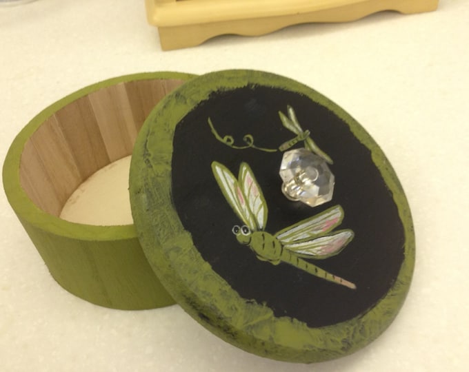 Solid Wood Round Box with Lid and Glass Knob - Dragonflies Painted in Acrylic on Top