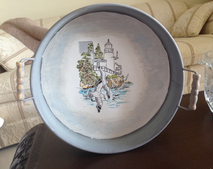 Large 15" diameter Round Metal Tray with Wood Handles and Lighthouse Scene Painted on Front