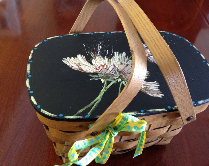 Wood Wicker Basket with Handles and Wooden Hinged Top - Daisies Painted in Acrylics on Top