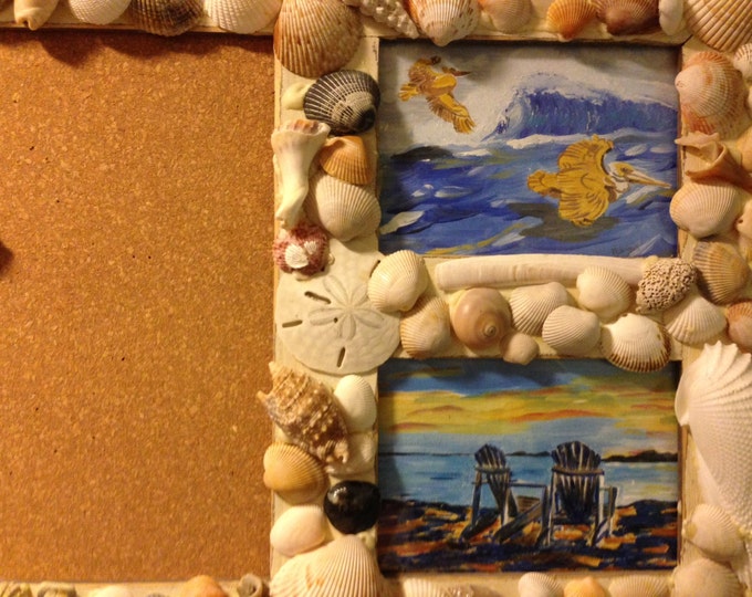 Wood Base - Bulletin Board, Picture Frames and Hooks Decorated with Shells