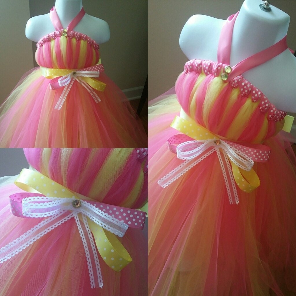 Pink and Yellow Tutu Dress With Polka Dot Ribbon