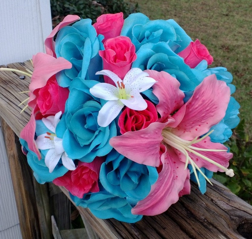 Malibu Blue Hot Pink Rose Coral Lily Wedding Bouquet Coral