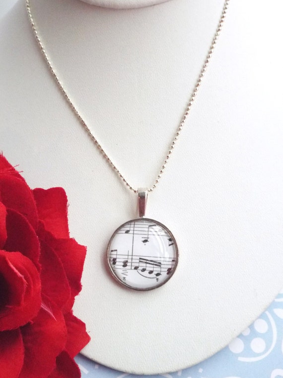 Music note necklace Silver sheet music pendant Glass dome gift