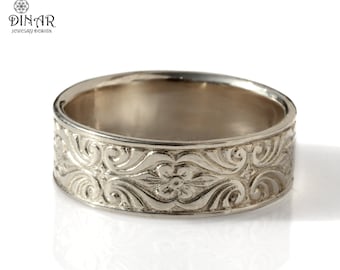 14k white Gold Wedding Band , Engraved scrolls leaf, men wedding band, Vintage wedding ring, art deco floral wedding band, thick gold ring