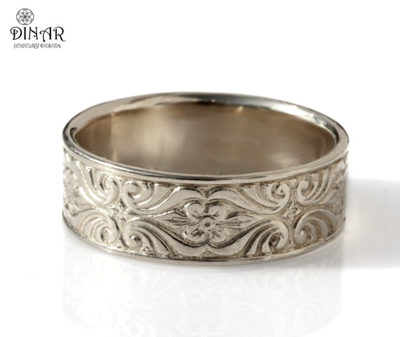Band ,14k white Gold ,Engraved Floral pattern, men's wedding ring band ...