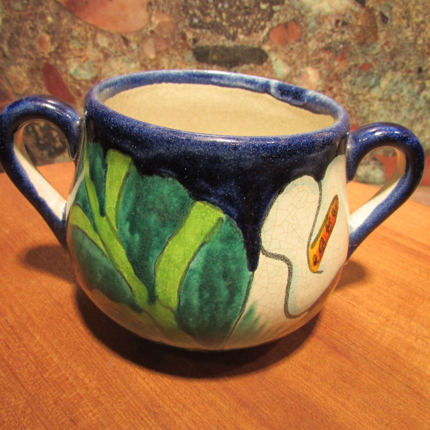 Mexican Pottery Double Handled Bowl White Lily Flower