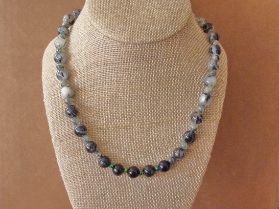 Tourmalinated Quartz Natural Stone/Gemstone with Vintage Czech Glass Bead Accent Beaded Necklace - 'Spring Thaw'