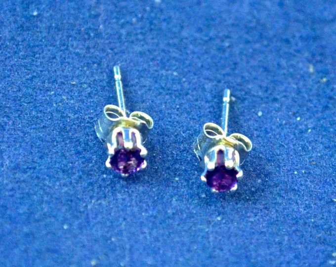 Amethyst Stud Earrings, Petite 3mm Round, Natural, Set in Sterling Silver E525