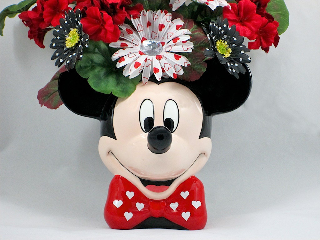 Silk Floral Arrangement in a Mickey Mouse Ceramic Planter with