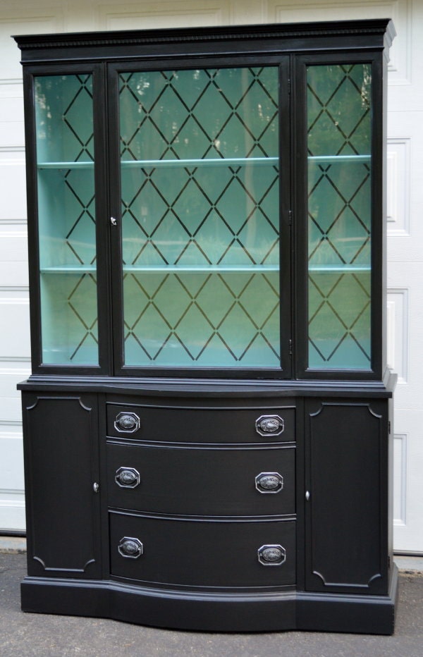 Painted Bow-Front Black & Teal Blue China Cabinet/ by ...