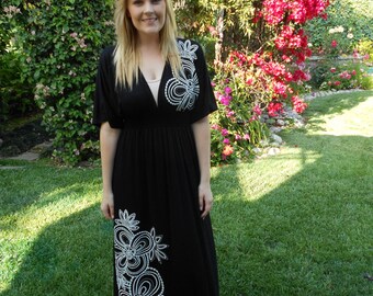 Black Maxi Dress, Maxi Dress, Maxi, Long Dress, Kimono Maxi, Summer Maxi Dress, Black with White, S M L XL