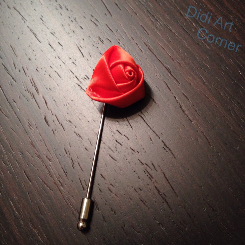 Flower Lapel Pin Elegant Handcrafted Coral Orange Satin Rose