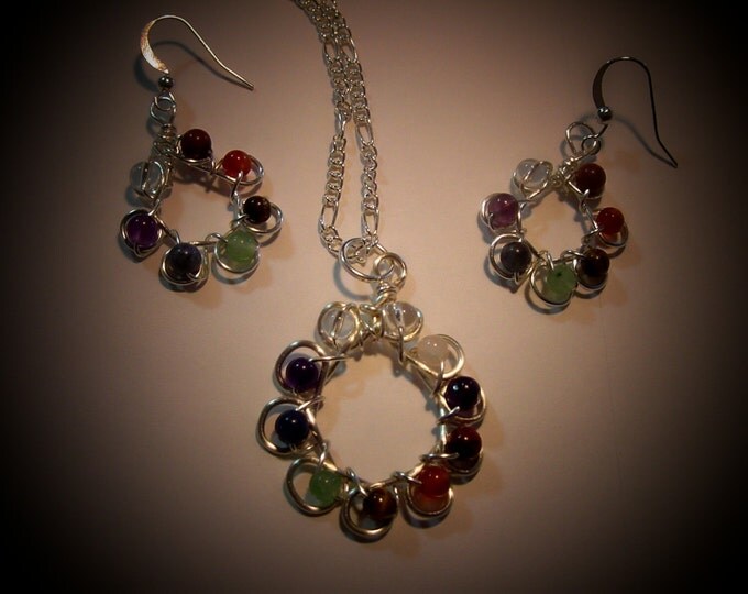Chakra Pendant and Earrings Set, Semi Precious Stones, Wire Wrapped, Sterling Silver Upgrade, Reiki Jewelry, Gift Idea