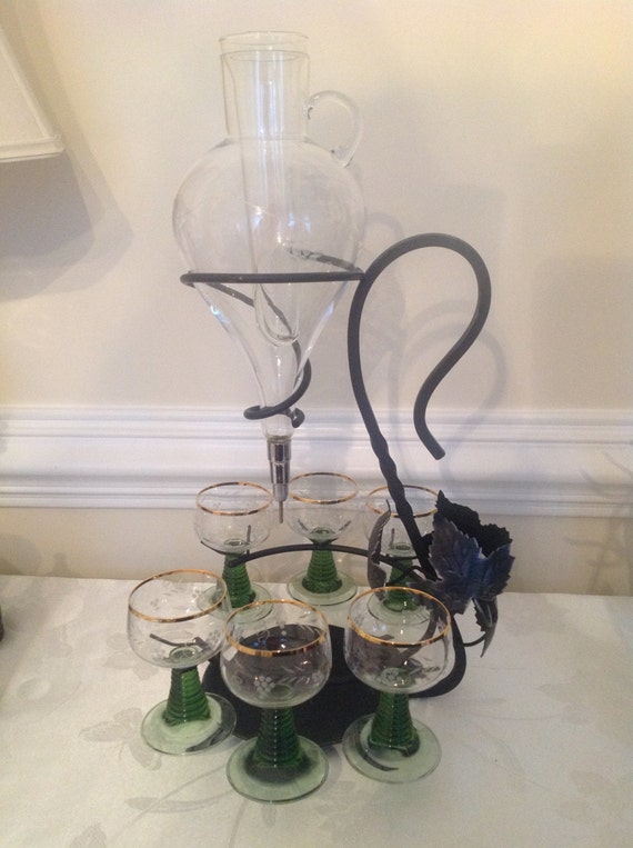 Leather Wine Carrier >> Mid Century Austrian Hanging Wine Decanter in Wrought Iron Leather Wine Carrier >> Mid Century Austrian Hanging Wine Decanter in Wrought Iron