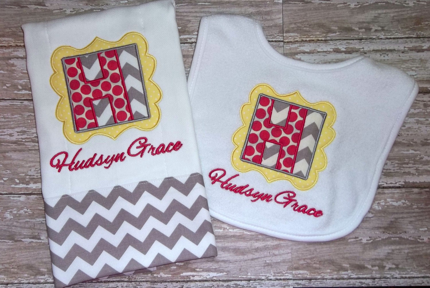 Bib & Burp Cloth Set Gray Chevron with Hot Pink Dots Initial
