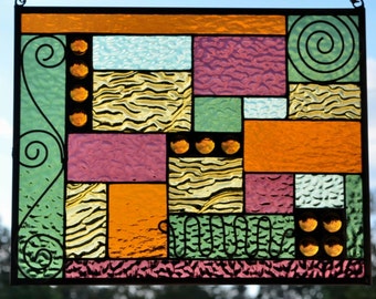 Stained Glass, Stained Glass Panel, Stained Glass Window Panel, Stained Glass Hanging Panel, Home Decor, Custom Listing, 'Coppery Fall 2'
