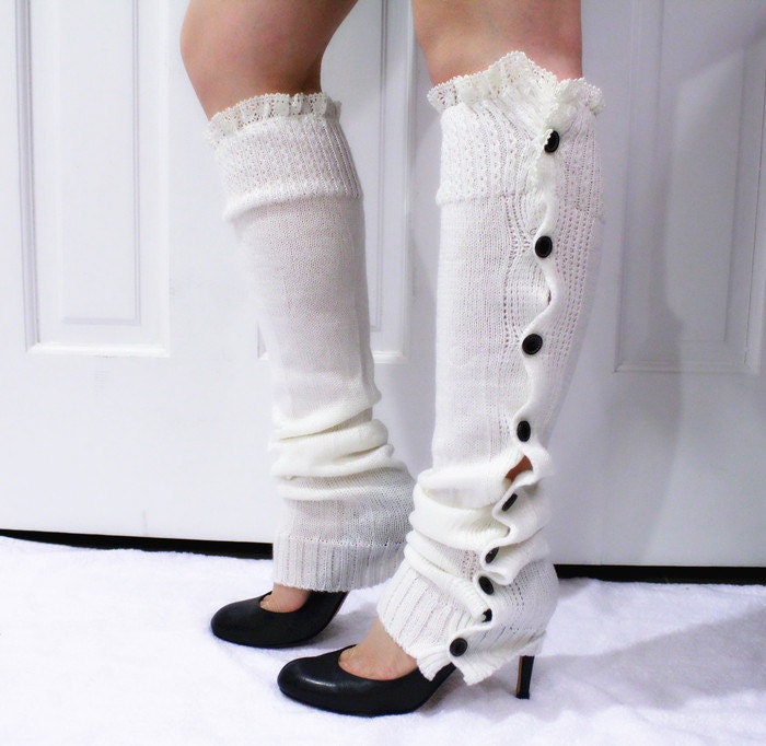 White Lace Leg Warmers Knitted Leg Warmers with Lace and