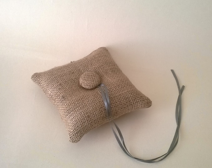 Burlap Ring Bearer Pillow with Button and Ribbon, Made to order