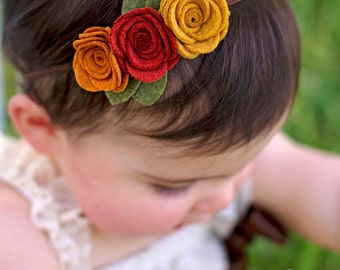 Fall felt flower headband - newborn through adult - pumpkin, copper and mustard seed