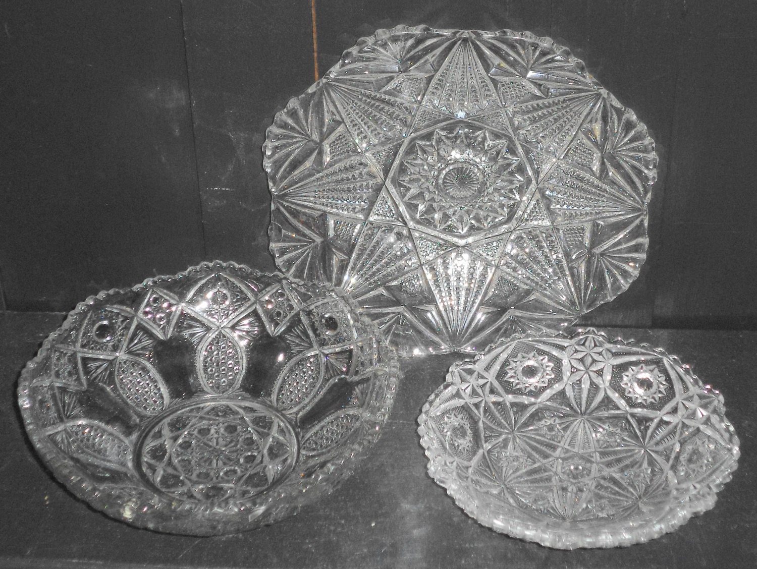 3 Vintage Pressed Glass Pinwheel Hobstar Pattern Serving