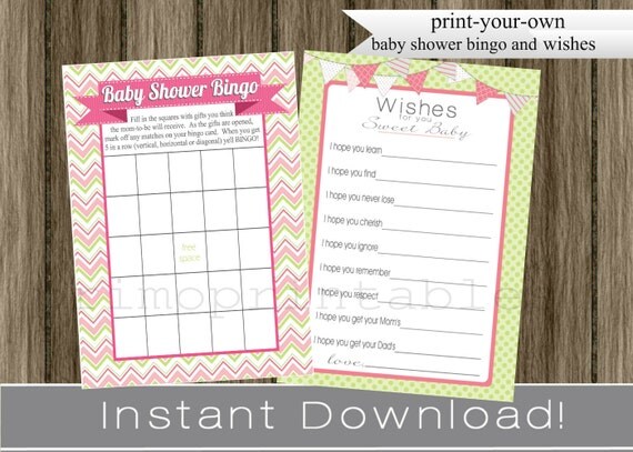 Girl Baby Shower Set bingo Game Cards and Baby Wishes pink and green chevron INSTANT DOWNLOAD diy digital printable file , babyshower Il_570xn