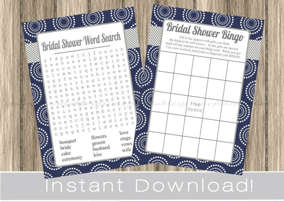 BRIDAL Shower Games Set / Bingo and Word Search Cards / navy blue / INSTANT DOWNLOAD / digital printable files / wedding shower Il_570xn