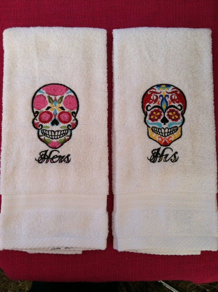 Sugar Skull His & Hers Hand Towel Set by BlackCatEmbroideryCo